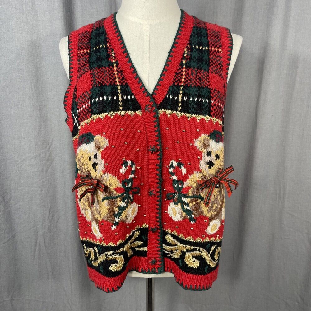 Vintage Tiara Knit Christmas Teddy Bear Vest L Red Green Grannycore Holiday READ